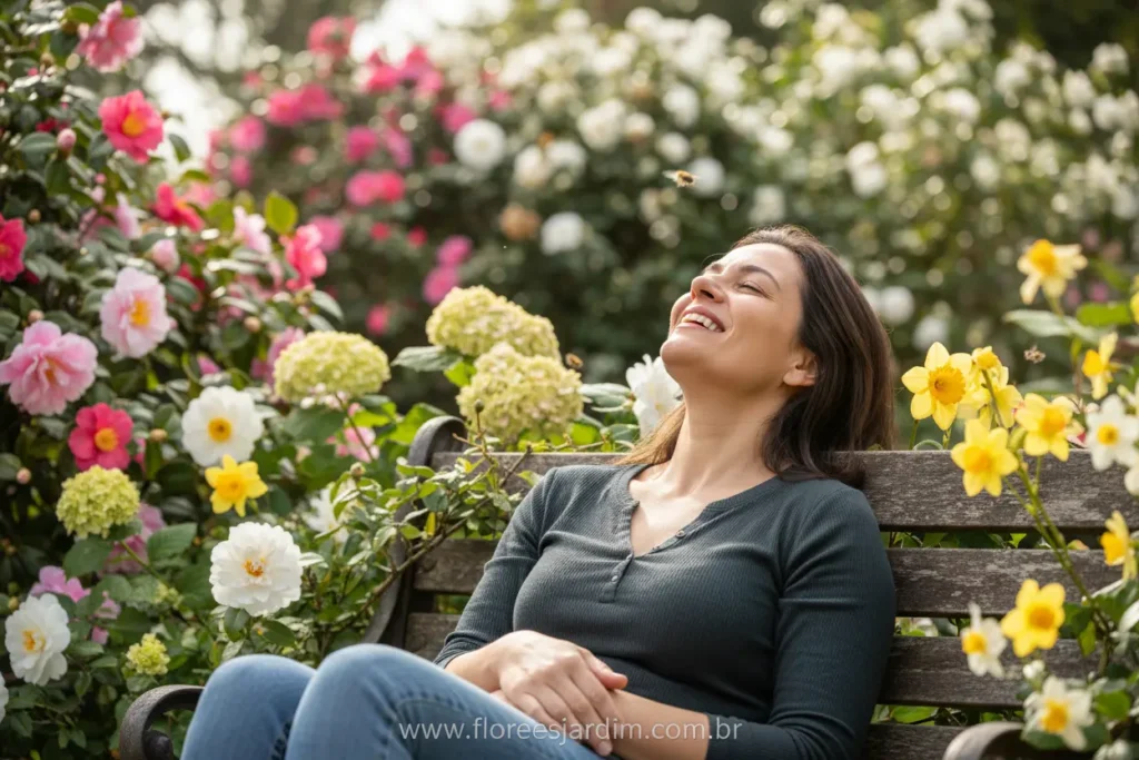 Jardineiro feliz cuidando de plantas sob sol de verão.
