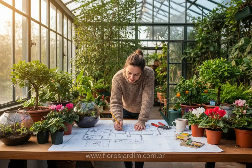 Planejamento de projeto de jardim de inverno interno.