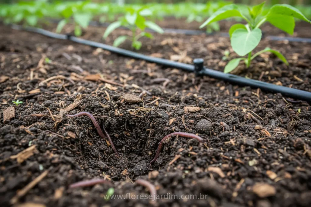 Solo saudável e irrigação eficiente no jardim.